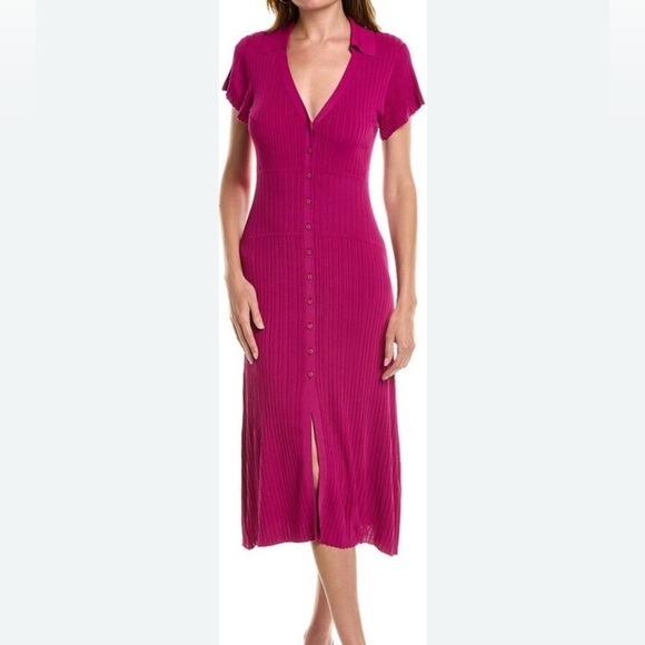 RAG & BONE ESME Woman pink ribbed stretch button collared polo midi shirtdress M - Picture 1 of 12